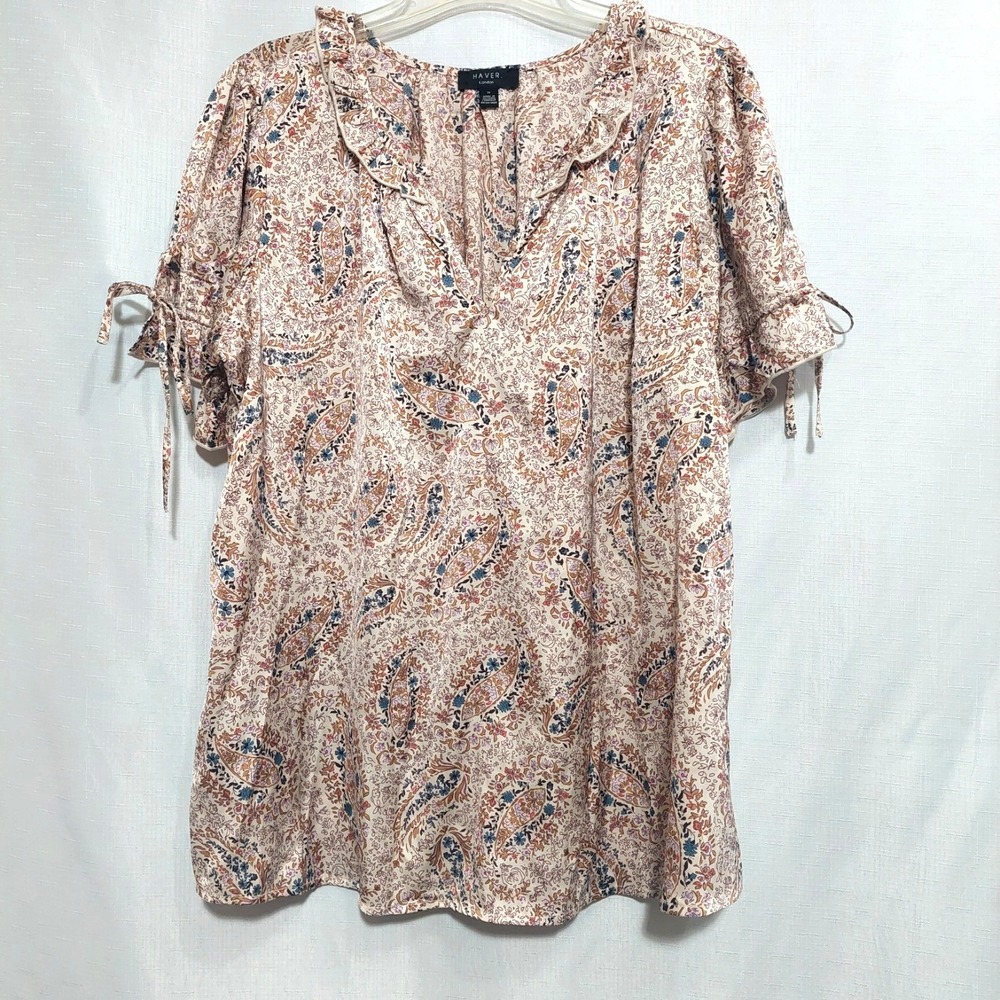Haver London Womens 1X Soft Shinny Blouse Short Sleeves V Neck Ruffles Boxy
